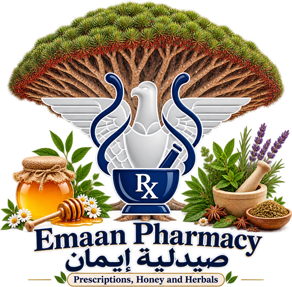 Emaan Pharmacy logo with dragon blood tree, dove and Rx mortar